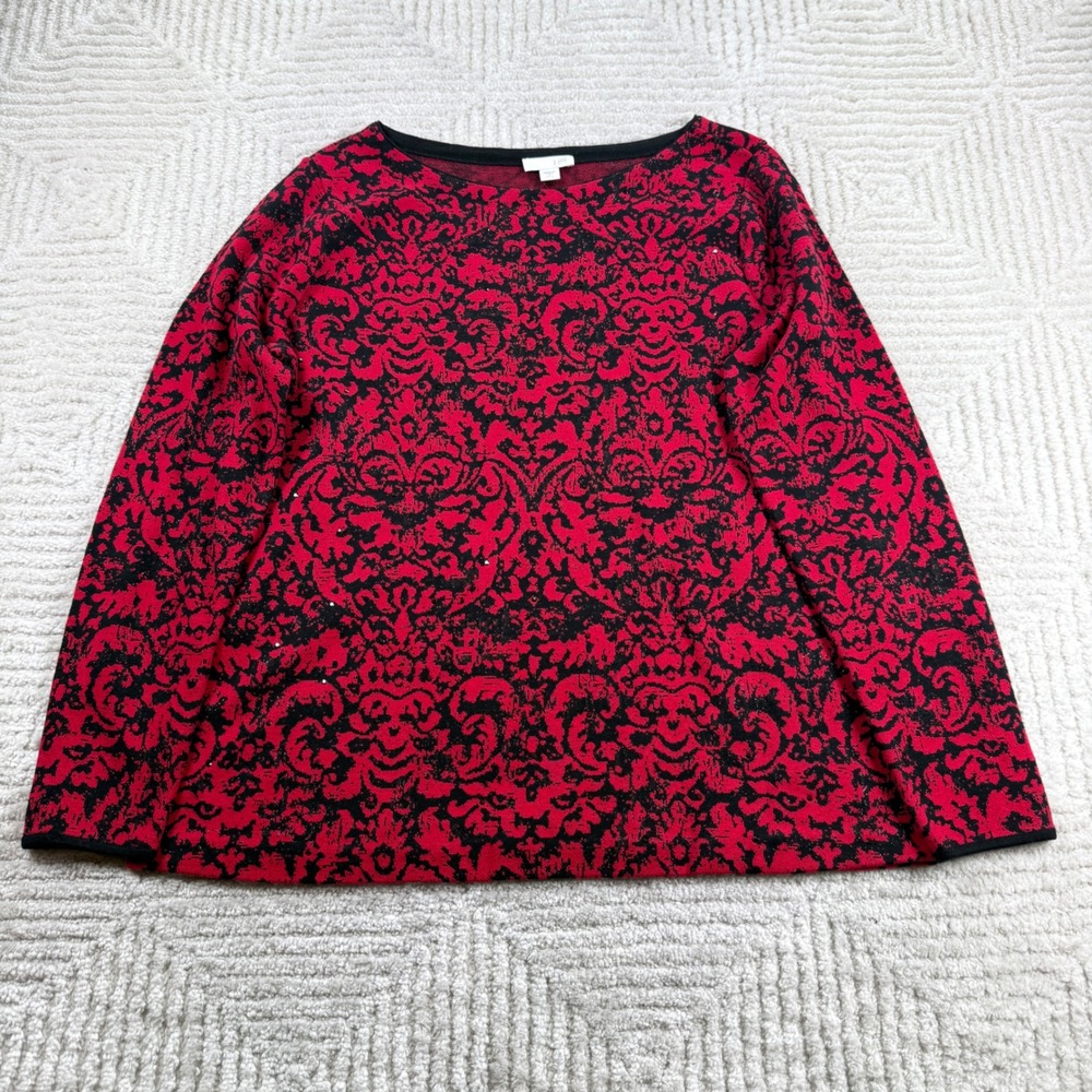 J Jill Damask Sweater Womens S Petite Red Black Baroque Gothic Victorian Holiday